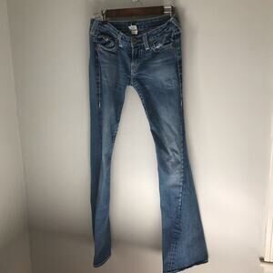 True Religion VTG Joey Big T twisted flare denim jeans womens 28 white stitching